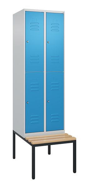 C+P dubbeldekskast Classic PLUS, 2 vakken, 2120x600x815mm, 7035/5012, cilindersloten, beukenhouten zitlatten, bank, 0803507-20 S10094