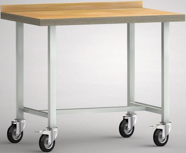 KLW professionele werkbank - 1000 x 700 x 845 mm L x D x H, met beuken multiplex plank 1000 x 700 x 45 mm, verrijdbaar met achterplank, WP819N-1000M45-X0001