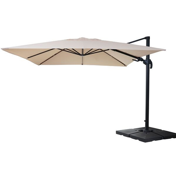 Mendler gastronomie verkeerslichtparaplu HWC-A96, 3x4m (Ø5m) zwenkbaar, polyester/aluminium 26kg, creme met standaard, draaibaar, 153395+35661+122472