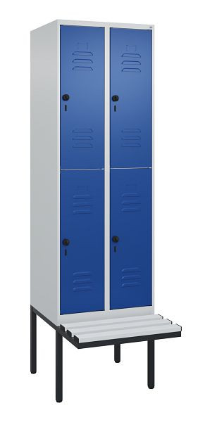 C+P Doppelstöckiger Spind Classic PLUS, 2 Abteile, 2120x600x815mm, 7035/5010, Drehriegel, mit Untergestell und schwebender Sitzfläche, 0803407-20 S10108