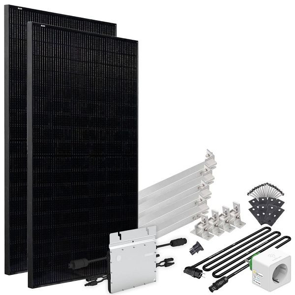 Offgridtec Solar-Direct 820W HM-800 balkonkrachtcentrale volledig zwart Schuko stopcontact - 10m - montageset voor plat dak met elektriciteitsmeter, 4-01-016030-021