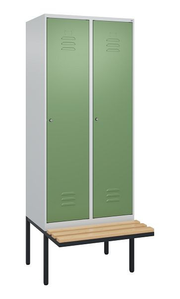 C+P Umkleidespind Classic PLUS, 2 Abteile, 2120x800x815mm, 7035/6011, Zylinderschlösser, Buche-Sitzleisten, je 2 Doppel-Haken, 0800407-22F S10050