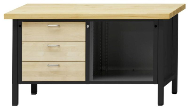 ANKE kastwerkbank; 1500x700 mm; RAL 7016 / natuurlijk gewaxt beuken; Beuk massieve plaat; Links 3 laden 180 mm; Rechts open onderwerp