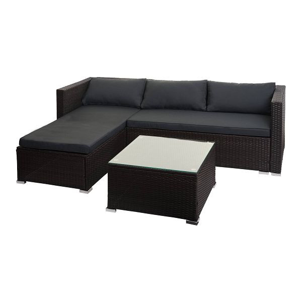 Mendler poly rotan set HWC-F57, balkon/tuin/loungeset bank zitgroep, bruin, donkergrijze kussens zonder sierkussens, 76129+76130