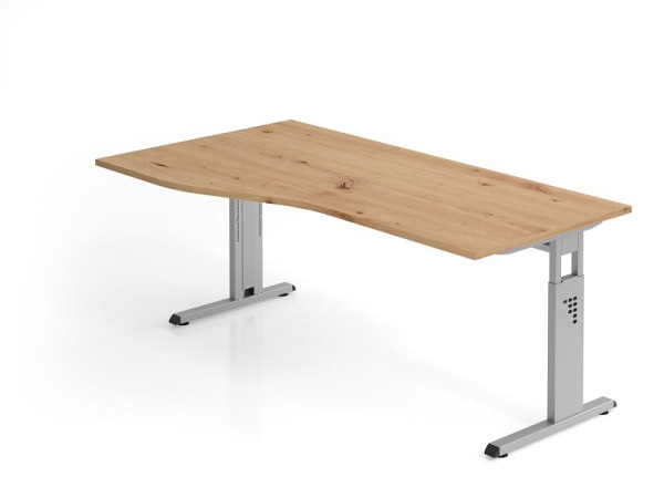 Hammerbacher bureau OS18, 180 x 100/80cm, blad: knoestig eiken, 25 mm dik, C-voet frame zilver (vergelijkbaar met RAL 9006), werkhoogte 65-85 cm, VOS18/R/S
