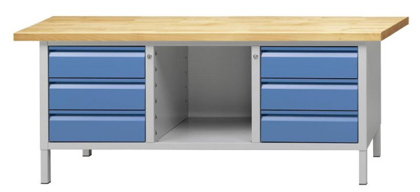 ANKE kastwerkbank; 2000x700 mm; RAL 7035/5012; 3 laden links; Midden open compartiment; Rechts 3 laden