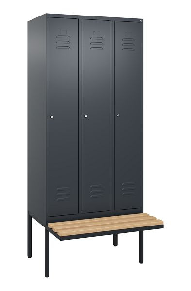 C+P Umkleidespind Classic PLUS, 3 Abteile, 2120x900x815mm, 7016/7016, Zylinderschlösser, Buche-Sitzleisten, 3 Doppel-Haken, 0800407-30 S10056