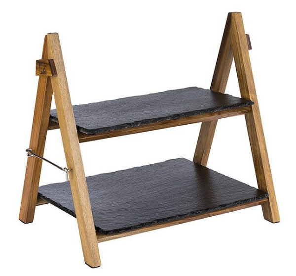 APS serveerrek, 2 niveaus, 36,5 x 26,5 cm, hoogte: 34 cm, natuurlijke leisteen, acaciahout, set van 3, 00958