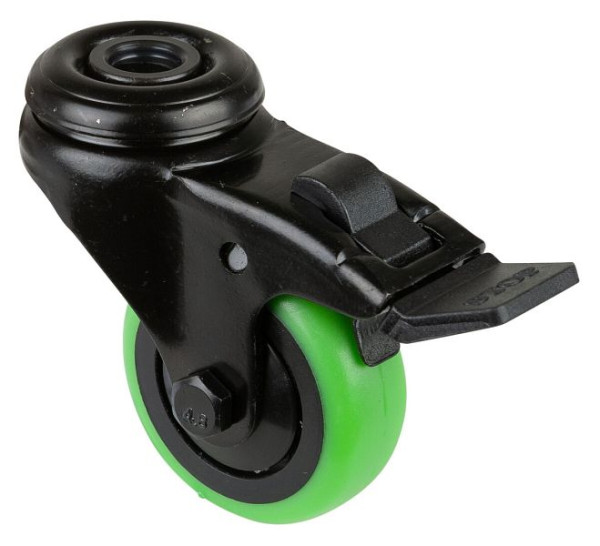 BS Castors Zwenkwiel met zwarte rem, groen thermoplastisch rubberen wiel, kogellager, achtergat, diameter: 50 mm, VE 8 stuks, A821.A85.050.04