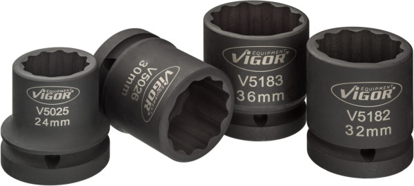 VIGOR slagmoersleutel dopsleutelset, hol vierkant 20 mm (3/4 inch), extern dubbel zeskantprofiel, 24, 30, 32, 36, aantal gereedschappen: 4, V5024