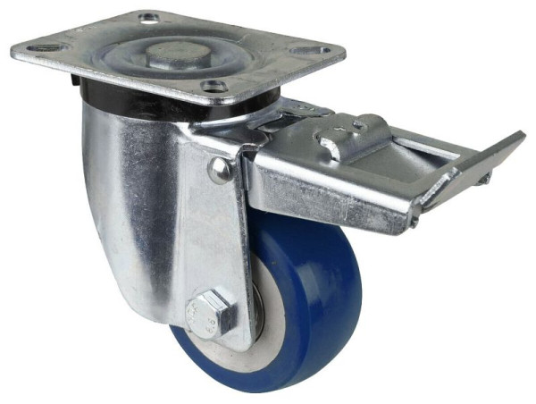 BS Rollen transportwiel zwenkwiel met rem, polyurethaan wiel 83 Shore aluminium velg, kogellager, plaat, diameter: 80 mm, L420.B92.080