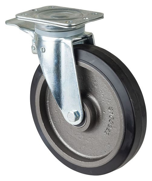 BS Rolls Zwaarlastwiel met rem, breedte 50 mm, Ø250 mm, tot 500 kg, zwarte elastische banden, gegoten velg, kogellagers, N120.B81.253