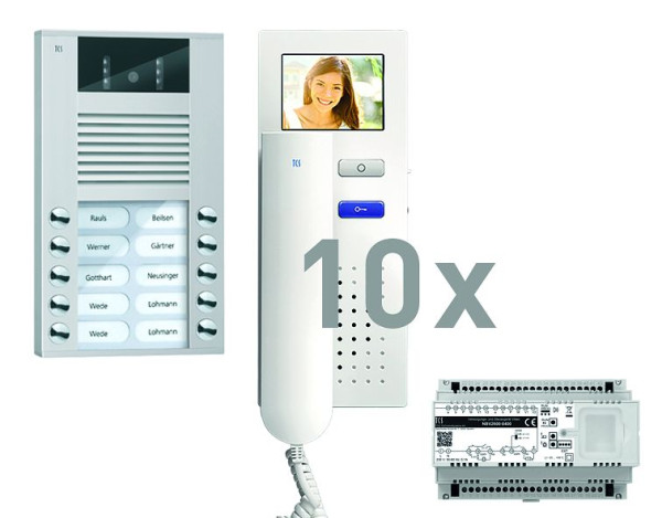TCS deurbediening video: pakket AP voor 10 wooneenheden, met voordeurstation AVE 10 belknoppen, 10x videodeurtelefoon IVH3222, besturing, PVE15100-0010