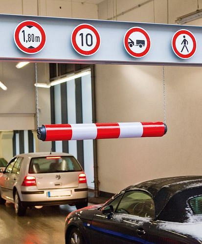 DENIOS hoogtebegrenzer, reflecterend, rood/wit, inclusief ophanging, 271666