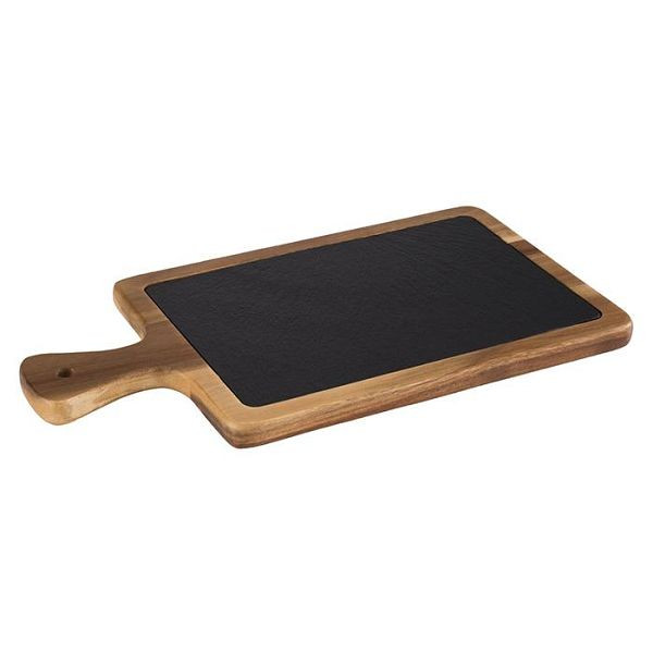 APS serveerplank, 2 delen, 26 x 18 cm, hoogte: 2 cm, acaciahout, natuurleisteen, handvat: 8 cm, met ophanggat: Ø 1 cm, 00810