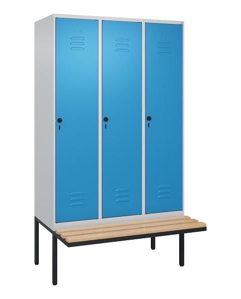 C+P Umkleidespind Classic PLUS, 3 Abteile, 2120x1200x815mm, 7035/5012, Drehriegel, Buche-Sitzleisten, 0800407-32 S10004