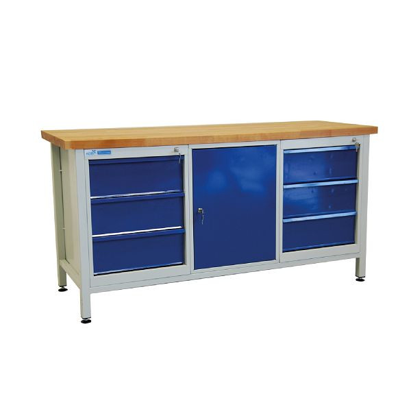 ADB werkbank 6 laden + 1 deur, afmetingen: LxBxH 1700x600x840 mm, kleur werkblad: lichtgrijs, RAL 7035, kleur deur/lade: lichtblauw (RAL 5012), 42738