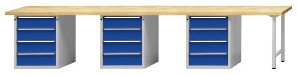 ANKE combinatie werkbank; 3 werkplekken; 4050x700 mm; RAL 7035/5010; 3x onderkast (V-BL) 660x615 mm, 4 laden