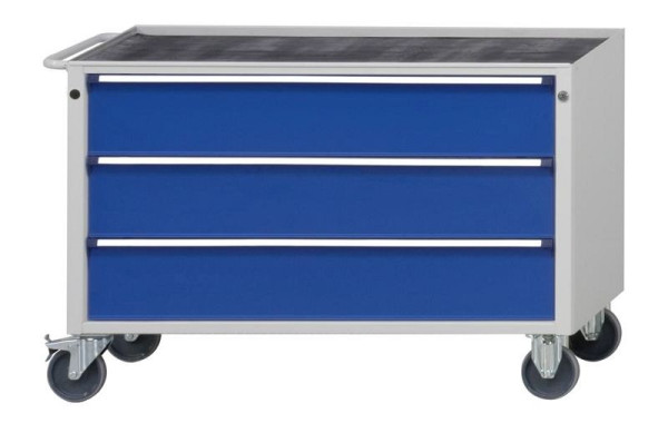 ANKE werkplaatswagen; 1140x650x790 mm; RAL 7035/5010; Massief beuken blad 40 mm; 1-delige behuizing (aan de achterkant gesloten); 3x doorlopende laden 180 mm