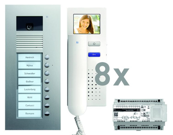 TCS deurbediening video: pack UP voor 8 wooneenheden, met voordeurstation AVU 8 belknoppen, 8x videodeurtelefoon IVH3222, bediening, PVU1680-0010