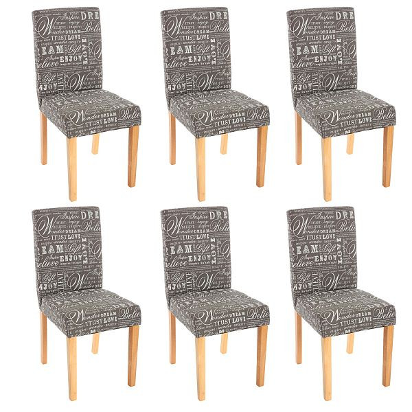 Mendler set van 6 eetkamerstoelen, keukenstoelen, Littau, textiel met letters, grijs, lichte poten, 33703+33689