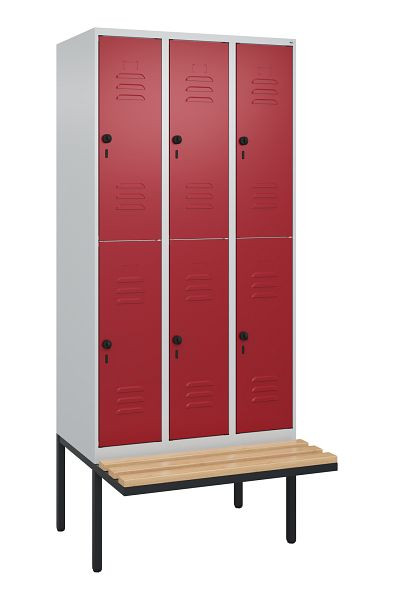 C+P Doppelstöckiger Spind Classic PLUS, 3 Abteile, 2120x900x815mm, 7035/3003, Drehriegel, Sitzleisten aus Buche, schwebende Sitzfläche, 0803407-30 S10001