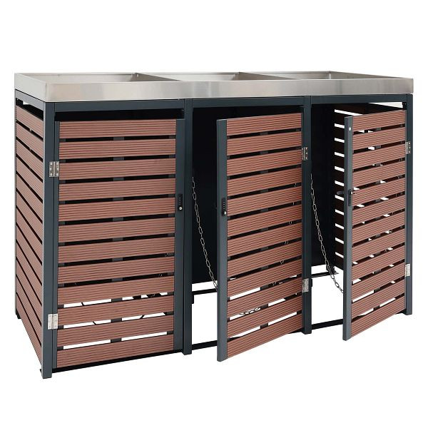 Mendler HWC-K14 3-weg rolcontainer bekleding, kliko bak met plantenbak, 112x63x78cm WPC RVS 107kg, walnoot houtlook, 87626+87627+87628