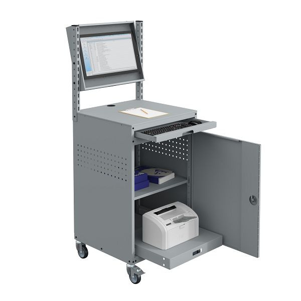 SOFAME computerkast MODULINFO 695 x 660 x 1005 met kantelbare monitorbehuizing en uittrekbaar plankje op wielen, lichtgrijs RAL 7035, W040010030GCGC