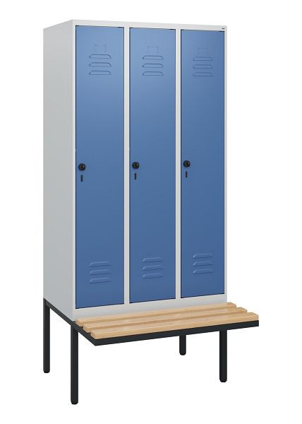 C+P Umkleidespind Classic PLUS, 3 Abteile, 1950x900x815mm, 7035/5023, Drehriegel, Buche-Sitzleisten, 0800405-30 S10005
