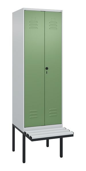 C+P Umkleidespind Classic PLUS, Doppel-Spind, 2 Abteile, 2120x600x815mm, 7035/6011, Drehriegel, Untergestell & Sitzfläche, 0800427-20P S10036