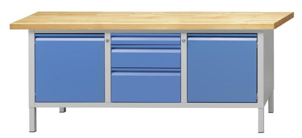 ANKE kastwerkbank; 2000x700mm; RAL7035 / 5012; Links 1 deur 510 mm; Midden 3 laden 85,170,255 mm; Rechts 1 deur 510 mm