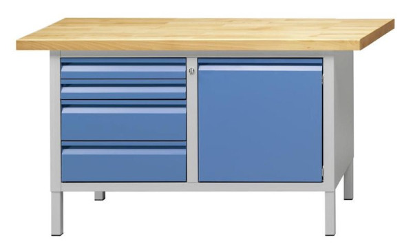 ANKE kastwerkbank; 1500x700 mm; RAL 7035/5012; Links 4 laden 85, 85, 170, 170 mm; Rechts 1 deur 510 mm