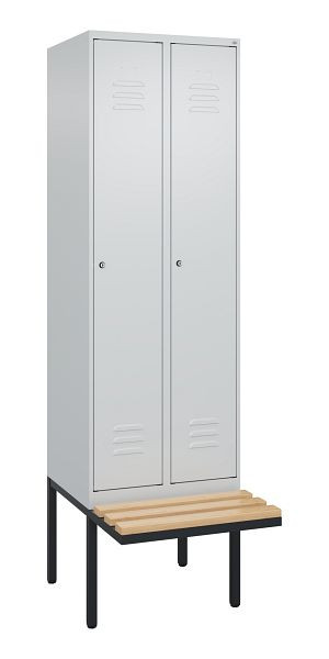 C+P Umkleidespind Classic PLUS, 2 Abteile, 2120x600x815mm, 7035/7035, Zylinderschlösser, Buche-Sitzleisten, 3 Doppel-Haken, 0800407-20 S10055