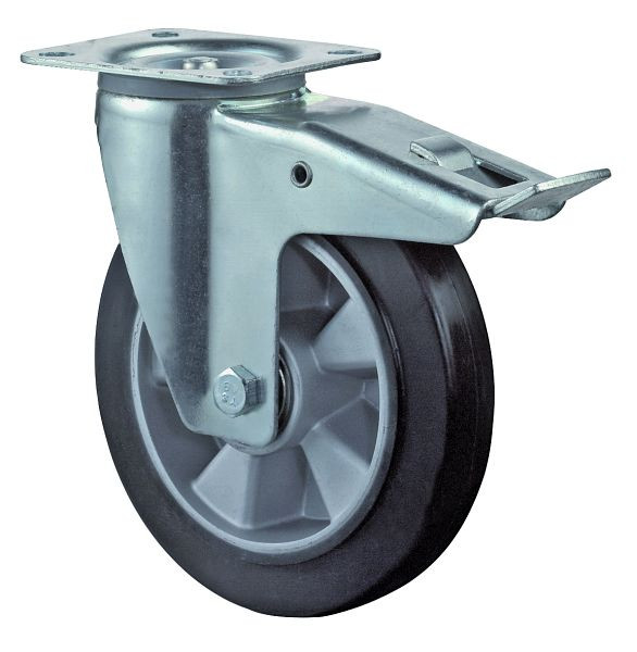 BS rollen transportrol met rem, breedte 50 mm, Ø125 mm, tot 220 kg, zwarte elastische banden, aluminium wiellichaam, kogellagers, LSS420.B80.125