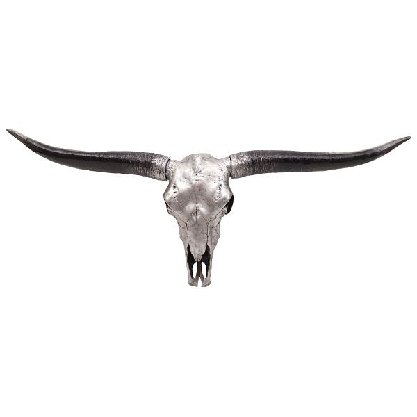 Mendler decoratieve schedel 132cm HWC-A14, polyresin stier longhorn kop trofee, indoor/outdoor, zilverkleurig, 73414