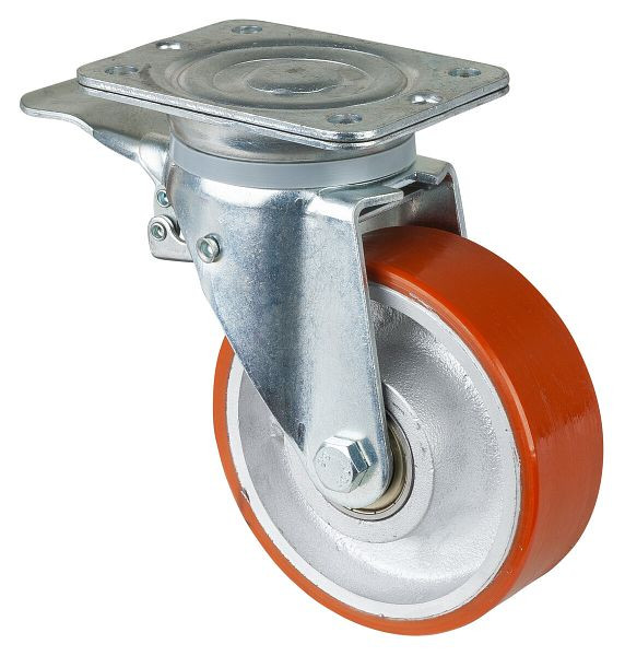 BS-wielen Zwaarlastwiel met rem, breedte 50 mm, Ø150 mm, tot 600 kg, polyurethaan gegoten 95 Shore A, gegoten wiellichaam, kogellager, N120.C10.154