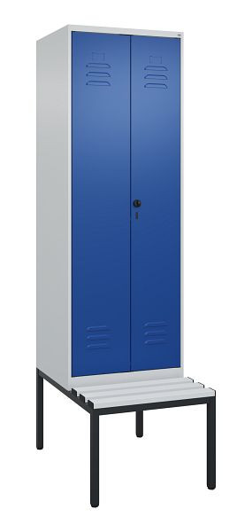 C+P luierkluis Classic PLUS, dubbele locker, 2 vakken, 2120x600x815mm, 7035/5010, draaigrendel, met bank eronder, 0800527-20P S10033