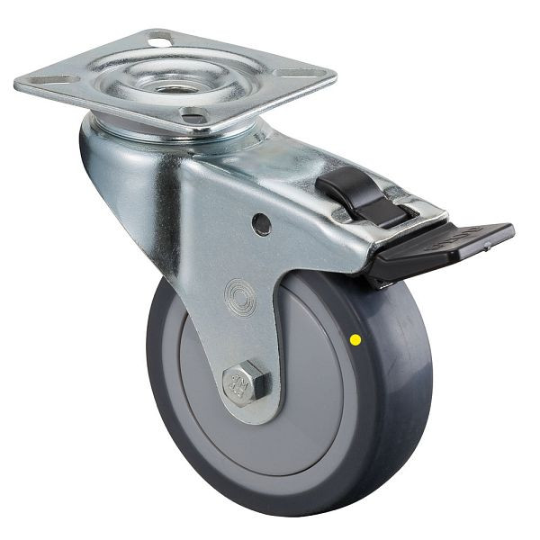 BS rollen apparaatrol, plaat, rem, breedte 24 mm, Ø75 mm, 60 kg, grijs rubber, elektrisch geleidend, kogellager, VE 4 stuks, A320.A89.075