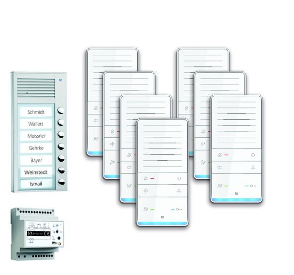 TCS deurbediening audio: pack AP voor 7 woonunits, met buitenstation PAK 7 belknoppen, 7x handsfree luidspreker ISW5031, bedieningsunit BVS20, PAAF071 / 001