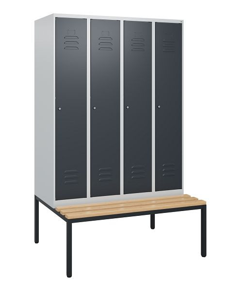 C+P Umkleidespind Classic PLUS, mit untergebauter Sitzbank, 4 Abteile, 1950x1200x815mm, 7035/7016, Zylinderschlösser, Buche-Sitzleisten, 0800505-40 S10023