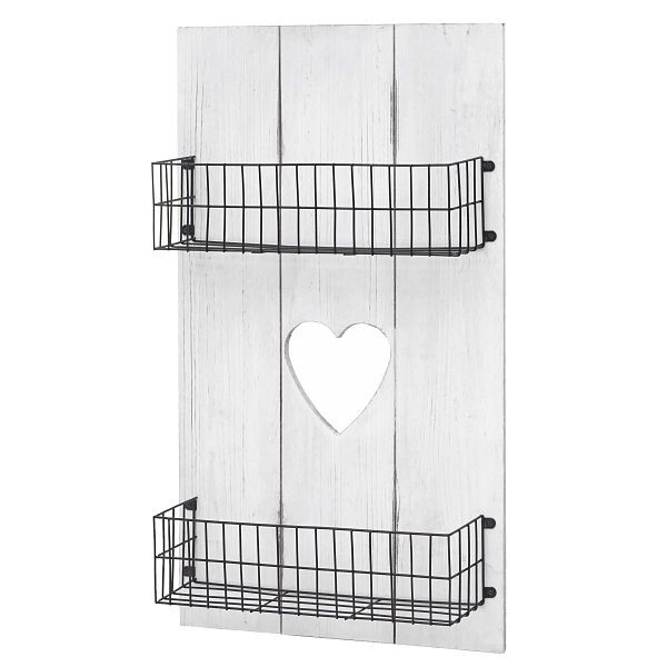 Mendler wandplank HWC-D42, wandpaneel houten plank met manden, massief hout, wit shabby, 70x40x10cm, 62810