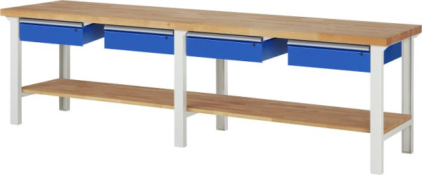 RAU werkbank serie 7000 - modulair ontwerp, 4 onderladen, massief beukenhouten legbord, 3000x840x700 mm, 03-7002A7-307B4S.11