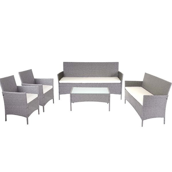 Mendler Halden 3-2-1-1 poly rotan tuinset, loungeset, bank, grijs, kussens creme, 64303+64279+64287+64309