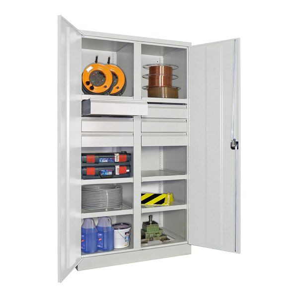 Pavoy Schwerlastschrank 1950/1040/630, Trennwand, 6 gepulverte Fachböden, 6 Schubladen, Flügeltüren, Drehgriff mit Zylinderschloss, 36366-104-003-300716