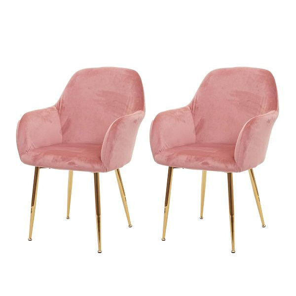 Mendler set van 2 eetkamerstoelen HWC-F18, stoel keukenstoel, retro design, fluweel oudroze, gouden poten, 75716