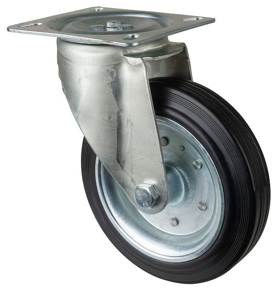 BS rollen transportrol, wielbreedte 60 mm, wiel-Ø 250 mm, draagvermogen 300 kg, zwart rubber, wiellichaam stalen velg, rollager, plaat, L400.B55.251
