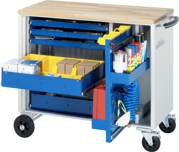 RAU gereedschapswagen serie adlatus, massief beukenhouten blad, 5 x binnenladen - 1x geperforeerde wanduittreksel, 1025x890x520 mm, 02-10200B.11