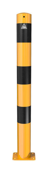 Schake afzetpaal stalen buis Ø 89 x 2,9 mm geel/zwart, stationair, voor plugbevestiging met voetplaat 100 x 150 mm, zonder oog, 489PBG