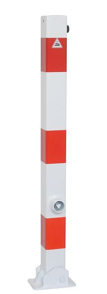 Schake afzetpaal (vouwpaal) stalen buis 70 x 70 mm opklapbaar, met driehoekslot, voor plugbevestiging, wit gecoat, 470FUB