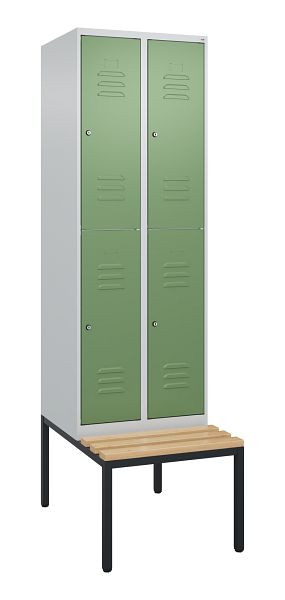 C+P dubbeldekkerkast Classic PLUS, 2 vakken, 2120x600x815mm, 7035/6011, cilindersloten, beukenhouten zitlat, bank, 0803507-20 S10096